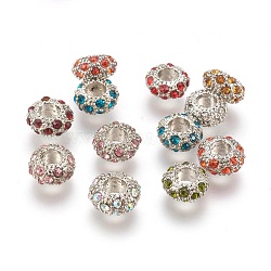 Alloy Rhinestone European Beads, Large Hole Beads, Rondelle, Platinum Metal Color, Mixed Color, 11x6mm, Hole: 5mm(X-CPDL-H998)