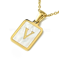 Ion Plating(IP) Rectangle with Initial Letter 304 Stainless Steel Pendant Necklace, white Shell, Real 18K Gold Plated, Letter V, 16.06 inch(40.8cm)(NJEW-R265-04G-V)