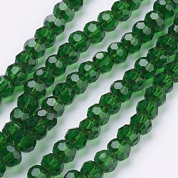 Glass Beads Strands, Faceted(32 Facets), Round, Green, 4mm, Hole: 1mm, about 87~93pcs/strand, 32~33cm(EGLA-J042-4mm-11)