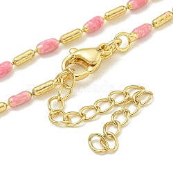 Brass Enamel Column Link Chain Necklaces, Real 18K Gold Plated, Lead Free & Cadmium Free & Nickel Free, Long-Lasting Plated, Pink, 17.60 inch(44.7cm)(NJEW-H039-04B-01G)