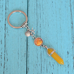 Natural Yellow Agate Bullet Pendant Keychains, with Alloy Starfish & Shell Shape, 3.5cm(KEYC-PW0009-03C)