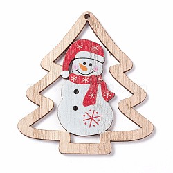 Printed Wood Big Pendants, Christmas Tree with Snowman, Colorful, 79.5x74x2.5mm, Hole: 2.5mm(FIND-H030-02)