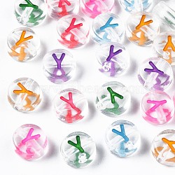 Transparent Clear Acrylic Beads, Horizontal Hole, Flat Round with Mixed Color Letter, Letter.Y, 7x3.5mm, Hole: 1.2mm, about 3700pcs/500g(MACR-N008-56Y)