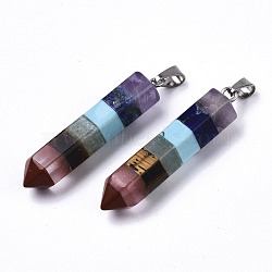 Assembled Gemstone Pendants, Red Jasper & Watermelon Stone & Tiger Eye & Green Aventurine & Synthetic Turquoise & Lapis Lazuli & Amethyst(Random Order), with 304 Stainless Steel Snap On Bails, Cone, 37~38x9x8mm, Hole: 6x2.5mm(G-N331-003)