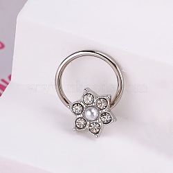 316L Stainless Steel Micro Pave Cubic Zirconia Hoop Nose Rings, Flower, Inner Diameter: 10mm, Pin: 1.2mm(WG5D603-16)