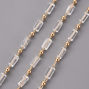 Handmade Acrylic Beaded Chains, with Brass Findings, Soldered, Spool, Rectangle, Real 18K Gold Plated, Clear, 4.5x2.5x2.5mm, about 16.4 Feet(5m)/roll