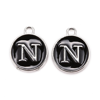 Platinum Plated Alloy Charms, Cadmium Free & Lead Free, with Enamel, Enamelled Sequins, Flat Round with Letter, Letter.N, 14x12x2mm, Hole: 1.5mm