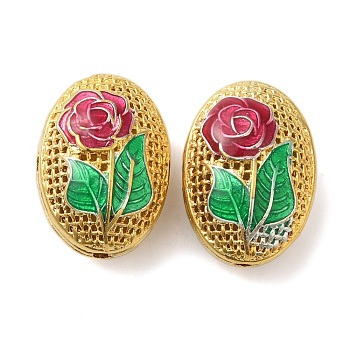 Rack Plating Brass Enamel Beads, Cadmium Free & Lead Free, Oval with Flower, Real 18K Gold Plated, Long-Lasting Plated, Cerise, 19.5~20x14~14.5x10.5m~11.5m, Hole: 1.6mm