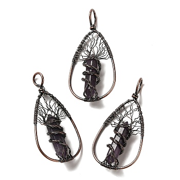Natural Amethyst Double Terminal Pointed Faceted Bullet Big Pendants, Teardrop Charms with Rack Plating Red Copper Plated Brass Findings, 66~66.5x33~33.5x12~13mm, Hole: 9~9.5x7~8mm