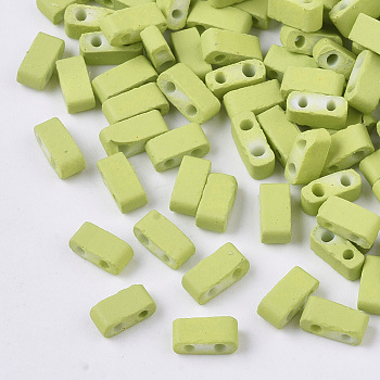 2-Hole Glass Seed Beads, Rubberized Style, Rectangle, Yellow Green, 4.5~5.5x2x2~2.5mm, Hole: 0.5~0.8mm