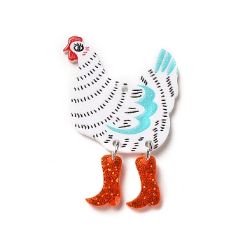 Printed Acrylic Pendants, with Glitter Powder, Rooster Charm, White, 44x30x2.3mm, Hole: 1.8mm