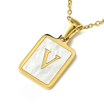 Ion Plating(IP) Rectangle with Initial Letter 304 Stainless Steel Pendant Necklace, white Shell, Real 18K Gold Plated, Letter V, 16.06 inch(40.8cm)