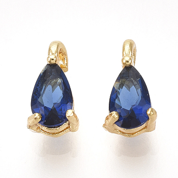 Brass Cubic Zirconia Charms, Real 18K Gold Plated, teardrop, Blue, 7x4x3mm, Hole: 1mm