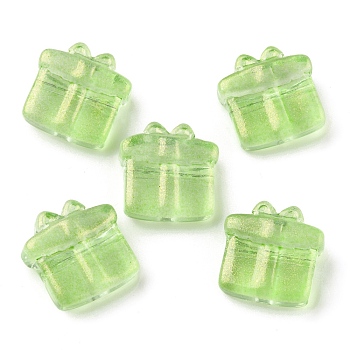 Transparent Glass Beads, with Glitter Powder, Gift Box, Green Yellow, 13.5~14x13.5x7mm, Hole: 1mm