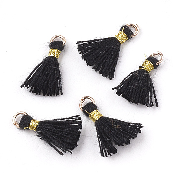 Polycotton(Polyester Cotton) Tassel Pendant Decorations, Mini Tassel, with Iron Findings and Metallic Cord, Light Gold, Black, 10~15x2~3mm, Hole: 1.5mm