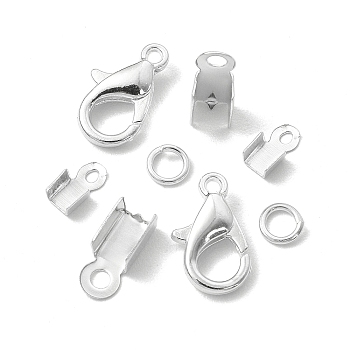 50Pcs Zinc Alloy Lobster Claw Clasps, with 200Pcs Iron Folding Crimp Ends & 200Pcs Open Jump Rings, Silver, 12x6mm, Hole: 1.2mm