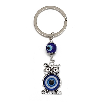 Alloy Keychains, with Evil Eye Lampwork Pendants, Owl, 8.1x2.8cm