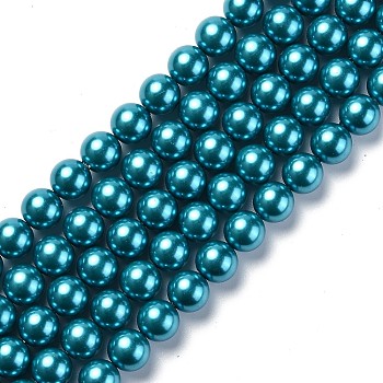 Eco-Friendly Dyed Glass Pearl Round Beads Strands, Grade A, Cotton Cord Threaded, Deep Sky Blue, 12mm, Hole: 0.7~1.1mm, about 34pcs/strand, 15 inch
