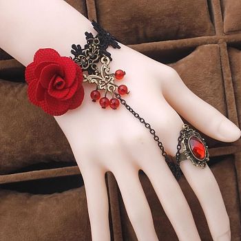 Gothic Style Retro Alloy Lace Flower Link Rings Bracelets for Women, Red, No Sise