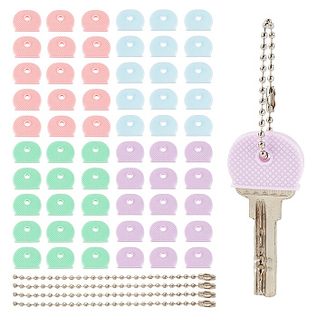 60Pcs 4 Colors PVC Nonslip Waterproof Reusable Key Sleeve, Key Identifier Caps, 60 Strands Iron Ball Chains, Tag Chains, Mixed Color, 20~100x2.4~25.5x2.4~4mm, Hole: 4mm, Inner Diameter: 21x2mm