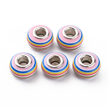 Resin European Stripe Beads, Large Hole Beads, with Silver Color Plated Brass Cores, Rondelle, Colorful, 14x8.5mm, Hole: 5mm