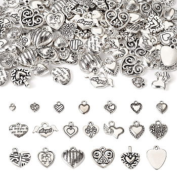 Pandahall 100Pcs 20 Styles Tibetan Style Alloy Pendants, Heart, Antique Silver, 8~17x6~19x1.5~5.5mm, Hole: 1~3mm, 5pcs/style