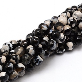 Faceted Natural Fire Crackle Agate Round Beads Strands, Dyed, Black, 6mm, Hole: 1mm, about 64pcs/strand, 14.7 inch