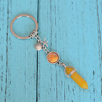 Natural Yellow Agate Bullet Pendant Keychains, with Alloy Starfish & Shell Shape, 3.5cm