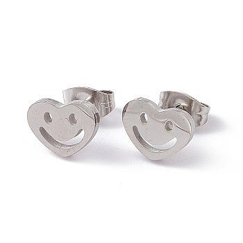 304 Stainless Steel Tiny Hollow Out Heart with Smiling Face Stud Earrings for Women, Stainless Steel Color, 7x10mm, Pin: 0.7mm