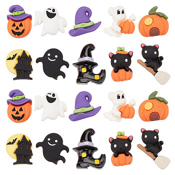 40Pcs 10 Styles Halloween Opaque Resin Cabochons, Pumpkin & Ghost & Cat & Moon, Mixed Shapes, Mixed Color, 18.5~23x15.5~24.5x6.5~8mm, 4pcs/style