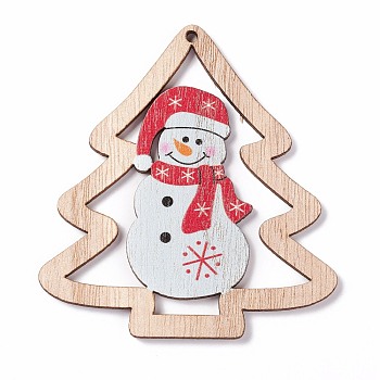 Printed Wood Big Pendants, Christmas Tree with Snowman, Colorful, 79.5x74x2.5mm, Hole: 2.5mm