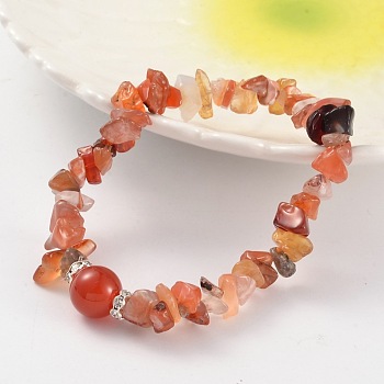 Chips Natural Carnelian(Dyed & Heated) Beaded Stretch Bracelets, with Brass Rhinestone Findings, Silver Color Plated, 59mm
