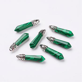 Synthetic Malachite Pointed Pendants, with Platinum Tone Alloy Findings, Bullet, 33~40x8~9x8~9mm, Hole: 3x4mm