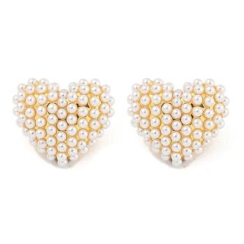 Rack Plating Brass & ABS Plastic Imitation Pearl Stud Earrings, Long-Lasting Plated, Real 18K Gold Plated, Heart, 21x24mm