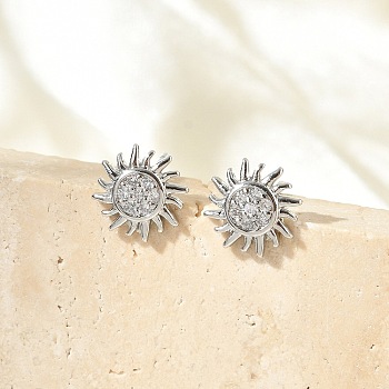Brass Micro Pave Clear Cubic Zirconia Stud Earrings, Lead Free & Cadmium Free, Long-Lasting Plated, Rack Plating, Platinum, Sun, 9mm