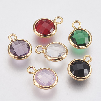 Glass Charms, with Brass Findings, Faceted Flat Round, Nickel Free, Real 18K Gold Plated, Mixed Color, 9.5x7x3mm, Hole: 1.2mm