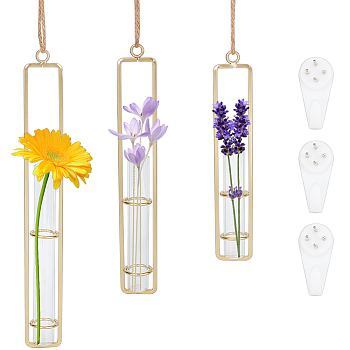 3Pcs 3 Styles Hanging Glass Hydroponic Vase, with Iron Frame, for Indoor Garden Home Decoration, Golden, 223~320x40x31mm, Hole: 9mm, Inner Diameter: 25mm, 1pc/style