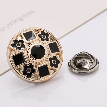 Plastic Brooch, Alloy Pin, with Rhinestone, Enamel, for Garment Accessories, Round with Flower & Square, Black, 25mm