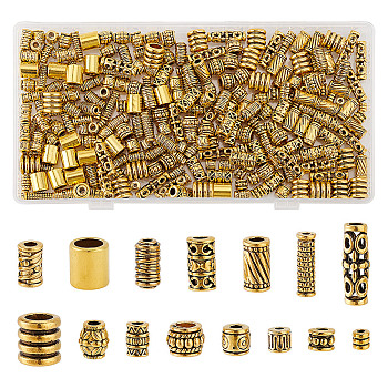 300Pcs 15 Styles Tibetan Style Alloy Beads, Cadmium Free & Lead Free, Column, Antique Golden, 9x8mm, Hole: 6mm, 20pcs/style