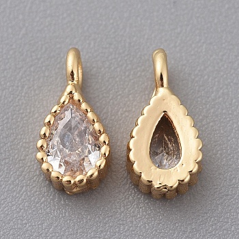 Brass Cubic Zirconia Charms, Teardrop, Real 18K Gold Plated, Clear, Nickel Free, 8x4x2mm, Hole: 1mm