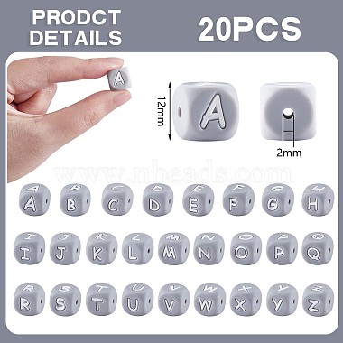 20 pcs gris cube lettre silicone perles 12x12x12 mm carré dés alphabet perles avec 2 mm trou entretoise perles lettre en vrac pour bracelet collier fabrication de bijoux(JX436C)-2