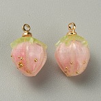 Opaque Acrylic Charms, with Golden Plated Brass Finding, Strawberry, Pink, 14x10x9.5mm, Hole: 1.5mm(MACR-WH0007-80A)