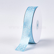 Single Face Satin Ribbon, Polyester Ribbon, Flower Pattern, Sky Blue, 1 inch(25mm), about 50yards/roll(45.72m/roll)(SRIB-T005-01G)