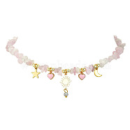 Alloy Enamel & 304 Stainless Steel & Brass Bib Necklace with Natural Rose Quartz Chip Beaded Chains, Star & Sun & Heart & Moon, 15.55 inch(39.5cm)(NJEW-JN04434)