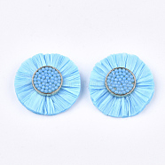 Raffia Decoration Accessories, with Micro Beads & Alloy Findings, Flat Round, Golden, DeepSkyBlue, 35~37x8mm(FIND-T025-09)
