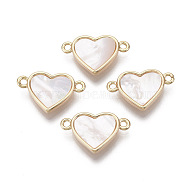 Brass Links, with Freshwater Shell, Nickel Free, Heart, Real 18k Gold Plated, Seashell Color, 10x17x3mm, Hole: 1.2mm(KK-R134-046-NF)