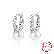 Rhodium Plated 925 Sterling Silver Micro Pave Cubic Zirconia Hoop Earrings, with Natural Pearls, with 925 Stamp, Platinum, 19x11mm(BC3718-1)