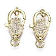 Brass Micro Pave Clear Cubic Zirconia Lobster Claw Clasps, with Jump Ring, Nickel Free, Hamsa Hand/Hand of Fatima/Hand of Miriam, Real 16K Gold Plated, 23x13.5x6mm, Jump Ring: 6x1mm, Hole: 4mm(KK-Q769-031-NF)