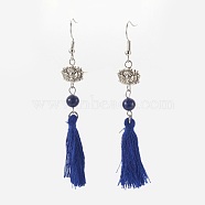 Nylon Tassel Earrings, with 304 Stainless Steel Earring Findings and Lapis Lazuli Beads, 77mm, Pin: 0.6mm(EJEW-JE02829-02)