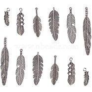 Tibetan Style Pendants Sets, Feather, Nickel Free & Lead Free, Antique Silver, 11~17.5mm wide, 31~80mm long, 2~7mm thick, hole: 2~6x4mm(TIBEP-PH0001-09AS-FF)